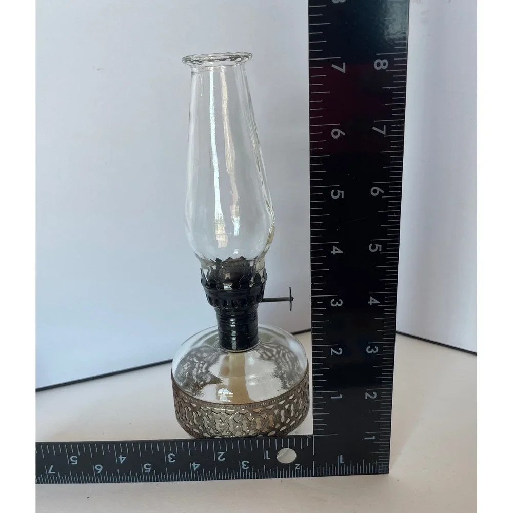 Vintage Lamplight Farms Glass Oil Lamp w/ Reticulated Metal Filigree Band 8.5